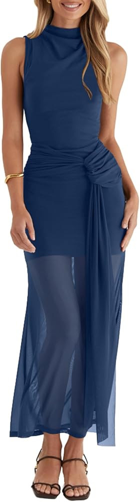 OWIN Women\u2019s Bodycon Long Maxi Dress Elegant Sleeveless Mock Neck Ruched Mesh Sheer Hem Cock... | Amazon (US)