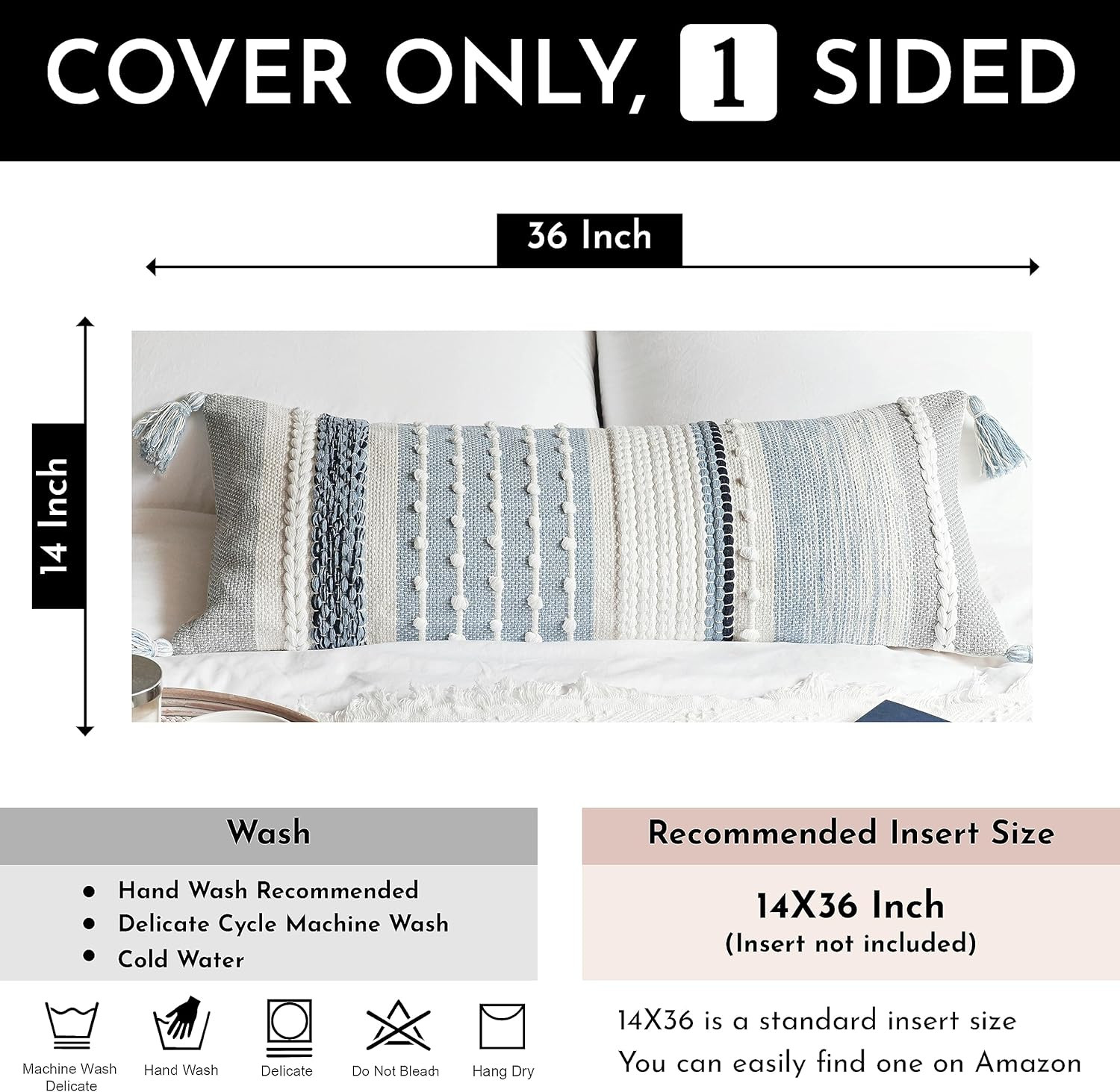 Coastal Blue Decorative Lumbar Pillow Cover 14x36 Boho Long Body Pillow for Bed Farmhouse Lumbar ... | Amazon (US)