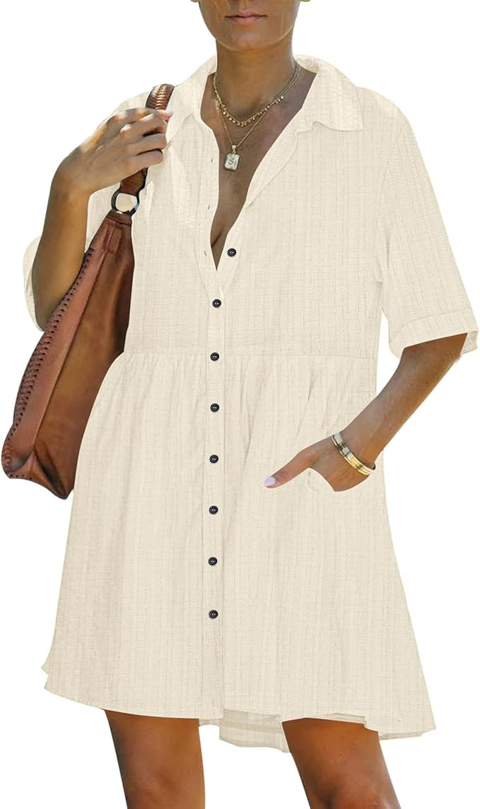 PYGFEMR Women's Summer Dress 2025 Short Sleeve Babydoll Tiered Button Down T Shirts Dresses with ... | Amazon (US)