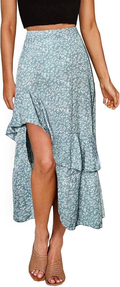 BTFBM Women 2023 Summer Spring Boho Long Skirts Dress Floral Print Elastic Waist Split Ruffle High L | Amazon (US)