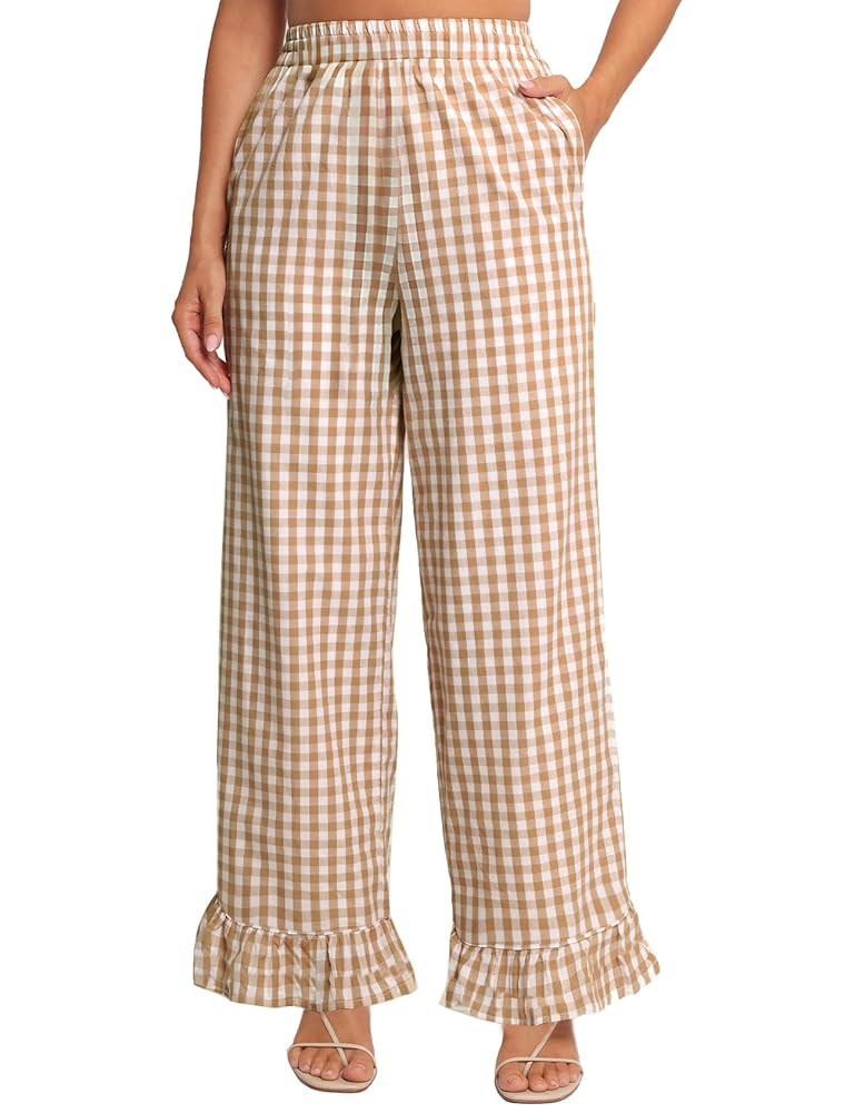 Flygo Women’s Gingham Pants Y2K Cotton Wide Leg Ruffle Hem Lounge Pants Plaid Elastic Wasited T... | Amazon (US)