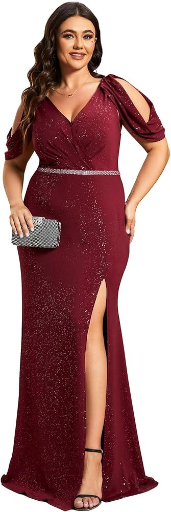 Ever-Pretty Plus Women's Plus Size Giltter V Neck Short Sleeves Side Slit Mermaid Floor Length Ma... | Amazon (US)