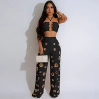 Sexy Hollow Out Night Party 2 Piece Sets Women Outfit Clubwear Birthday Halter Crop Top and Pants Conjuntos Femininos Elegantes | AliExpress (US)