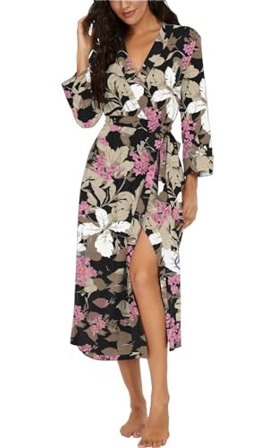 VINTATRE Women Kimono Robes Long Knit Bathrobe Lightweight Soft Knit Sleepwear V-neck Casual Ladies Loungewear FP-Big Leaf Pink-Large | Amazon (US)
