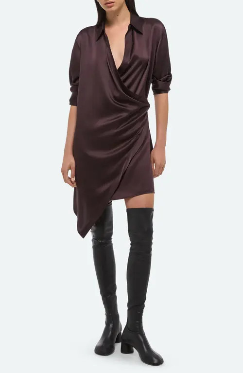 Helmut Lang Drape Wrap Front Silk Shirt in Dark Plum at Nordstrom, Size Medium | Nordstrom