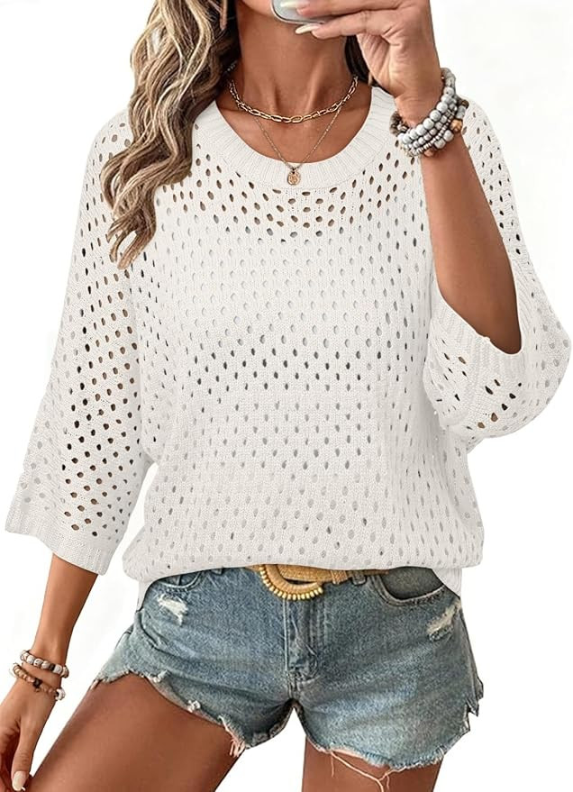 SHEWIN Womens Sweaters Crew Neck 3/4 Length Sleeve Crochet Tops Knit Beach Cover Ups Spring Outfi... | Amazon (US)