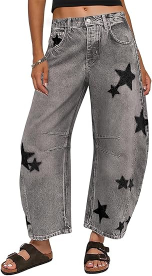 CHARTOU Y2k Barrel Jeans Women Wide Leg Baggy Distressed Printed Boyfriend Horseshoe Denim Pants | Amazon (US)