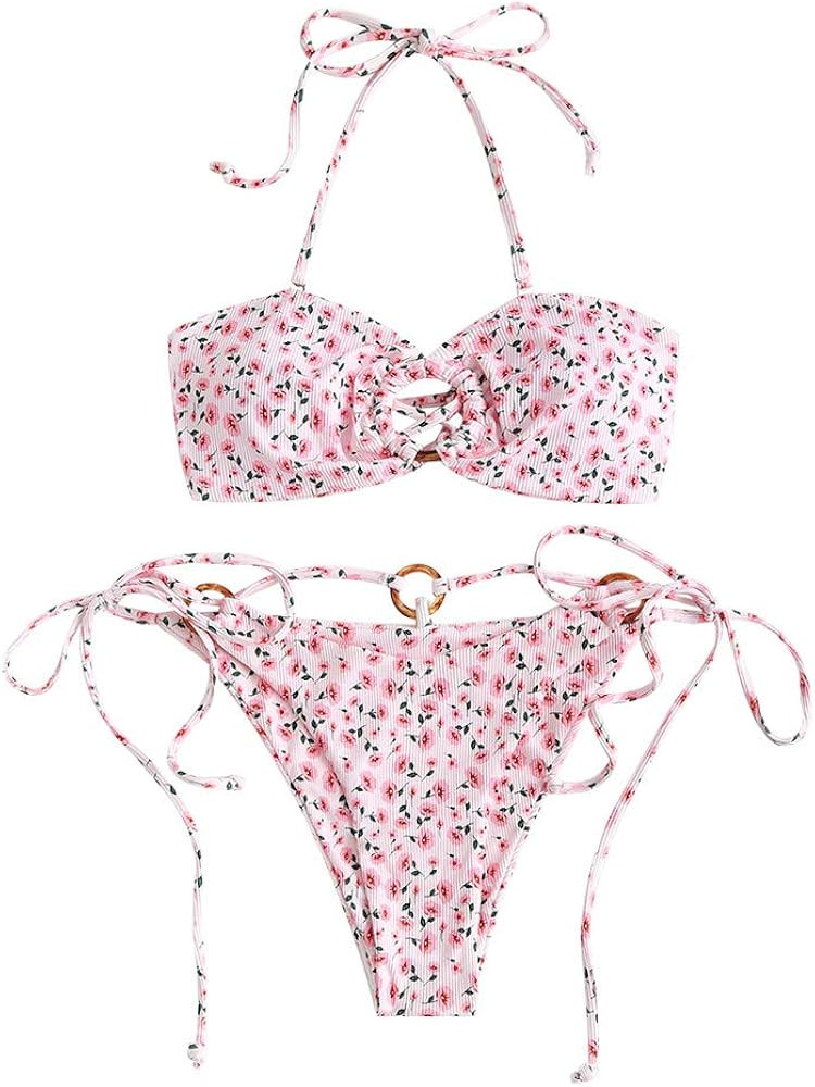 ZAFUL Women's Tie Dye Ribbed O Ring Lace Up Tie Side Bandeau Bikini Set Swimsuit | Amazon (US)