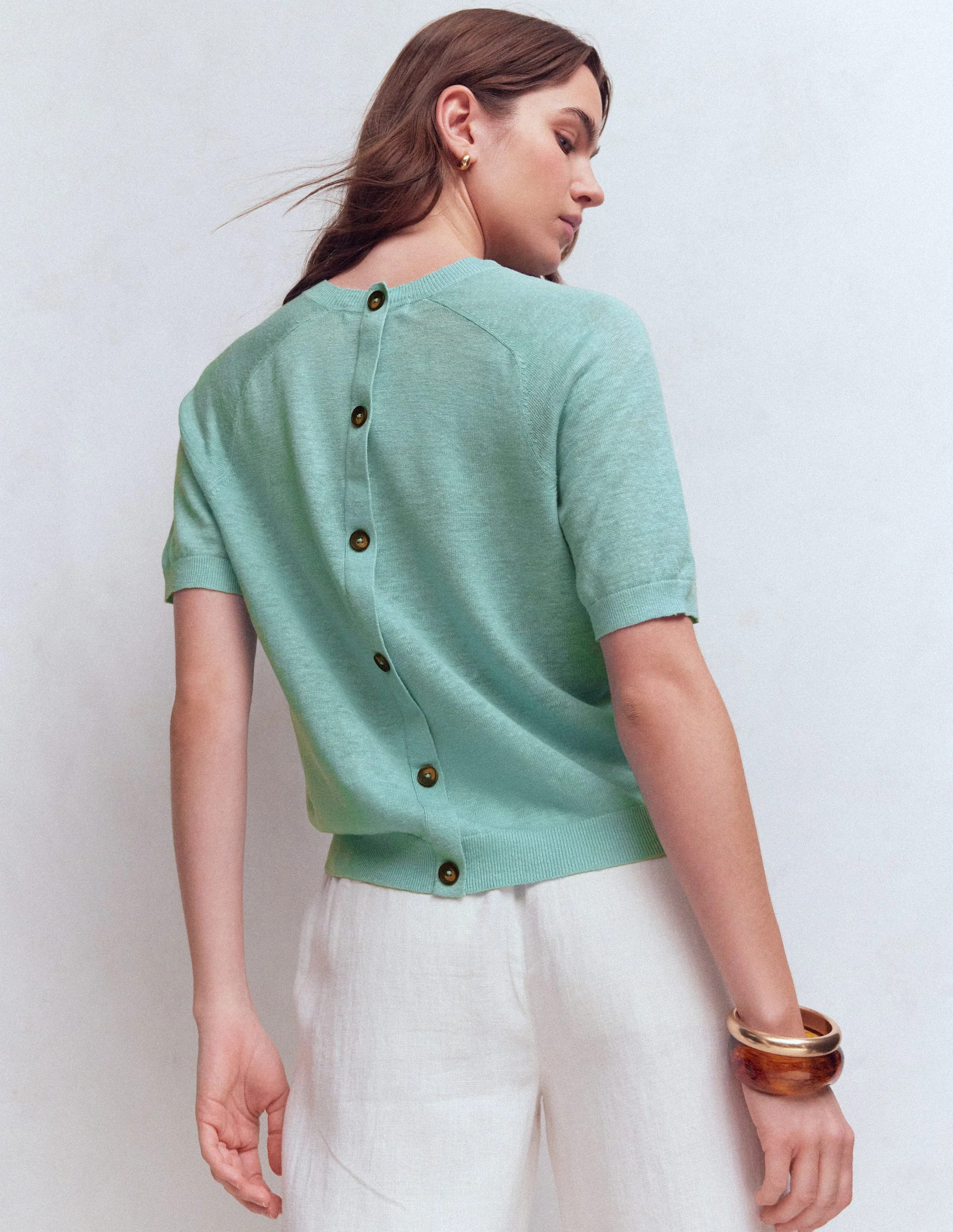 Agnes Linen Button T-Shirt-Seamist Blue | Boden (US)