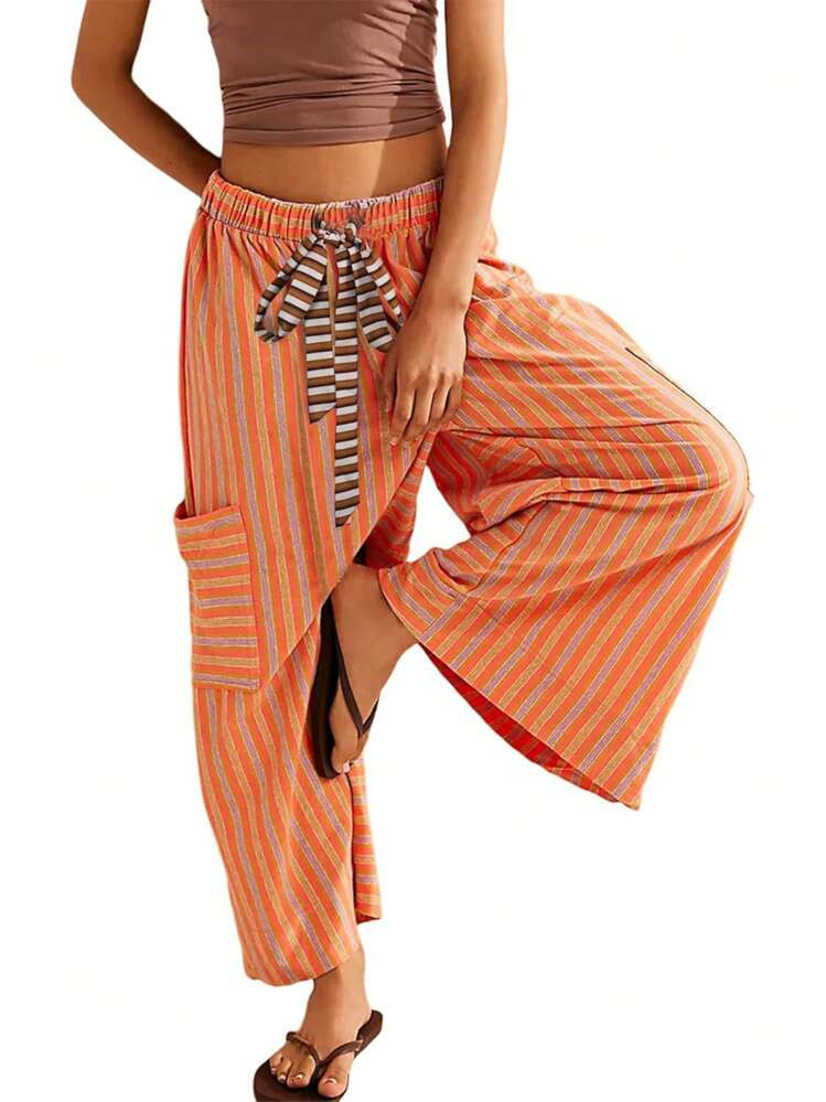 Women's Drawstring Striped Trousers Loose Wide Leg Casual Trousers Casual Paraiso Trousers With Pockets Trousers | SHEIN