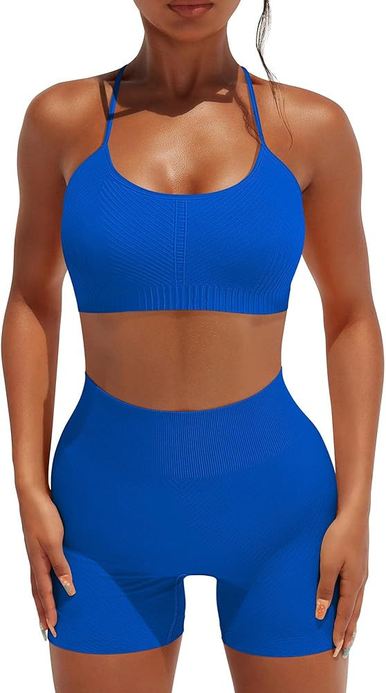 OYS Workout Set for Women 2 Piece Seamless Ribbed Yoga Outfits Active Strappy Bra Gym High Waiste... | Amazon (US)