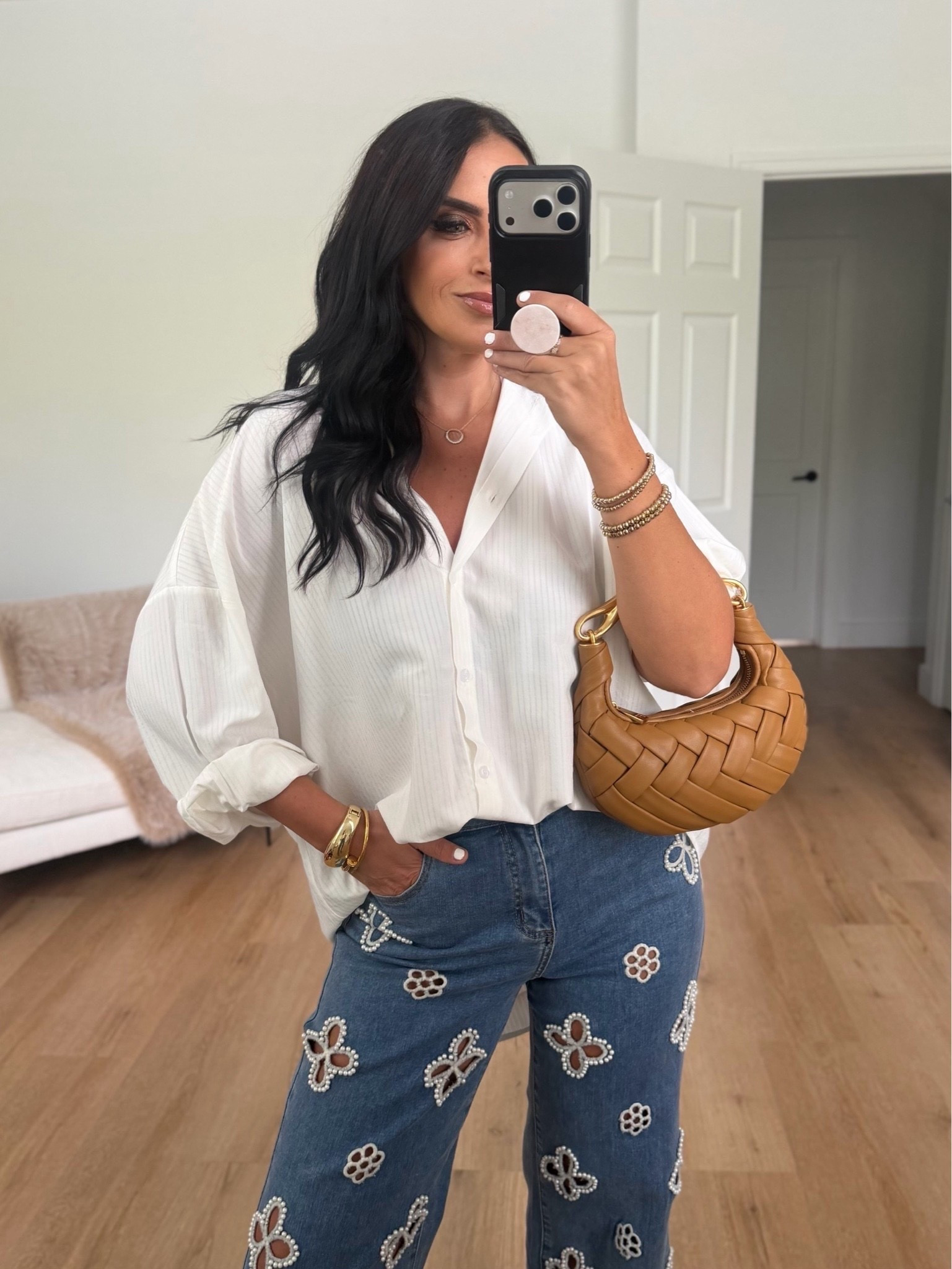 Petal & Pup Edwards Stripe Shirt wearing size small. Noli jeans wearing size 27