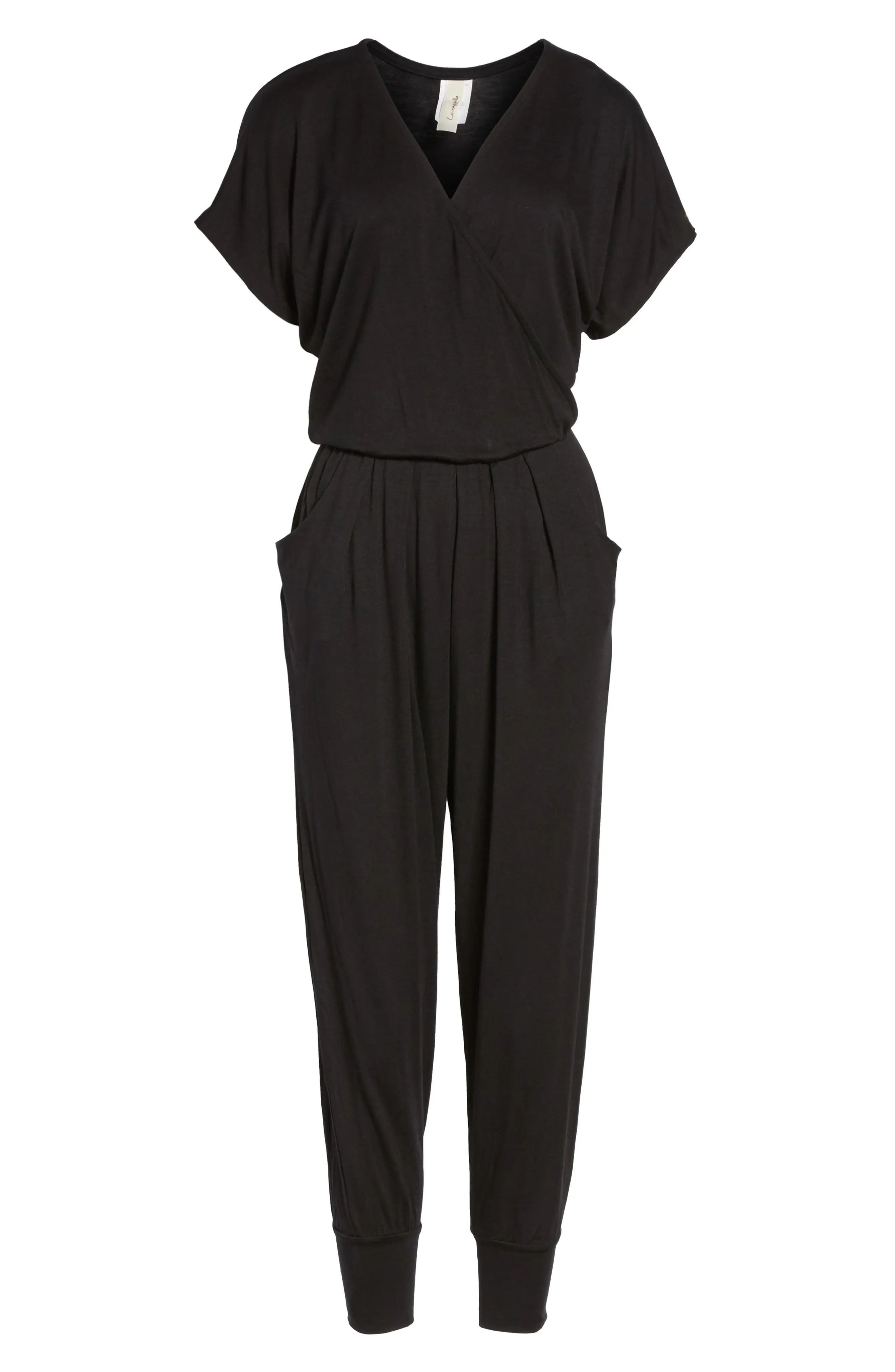 Women's Loveappella Short Sleeve Wrap Top Jumpsuit, Size X-Small - Black | Nordstrom