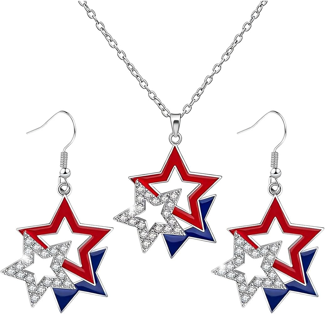 Mysense 4th of July Earrings and Necklace Set for Women, Red White Blue Patriotic Star Dangle Ear... | Amazon (US)