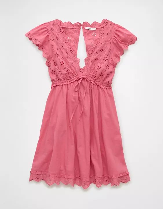 AE Flutter Sleeve Eyelet Babydoll Mini Dress | American Eagle Outfitters (US & CA)