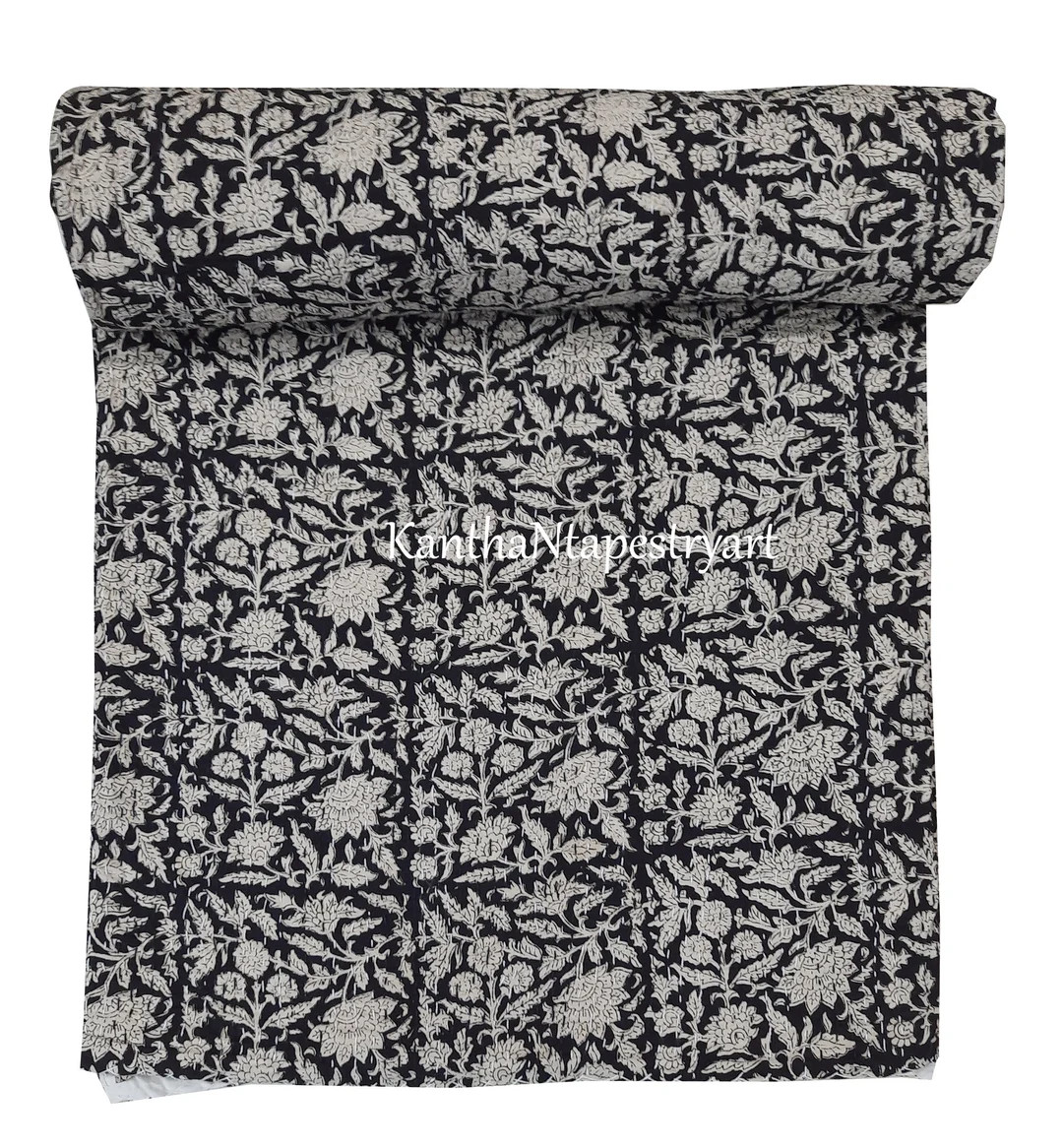Black Kantha, Hand Block Print Cottn Kantha Quilt, Indian Kantha Quilt, Handmade Quilt, Kantha Be... | Etsy (US)