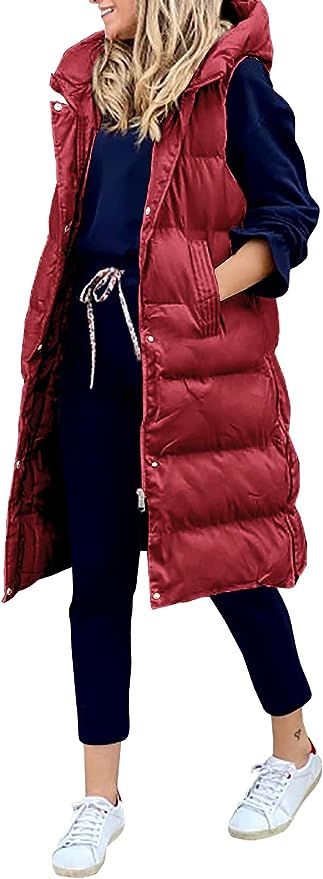 Avilego Women's Hooded Long Down Vest Full-Zip Sleeveless Puffer Vest Fashionable Coats Jacket | Amazon (US)