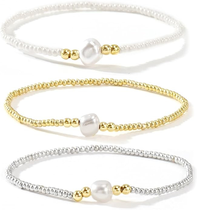3PCS Dainty Square Pearl Beaded Stretch Bracelet Set for Women,Handmade Boho Sliver Gold Plated R... | Amazon (US)