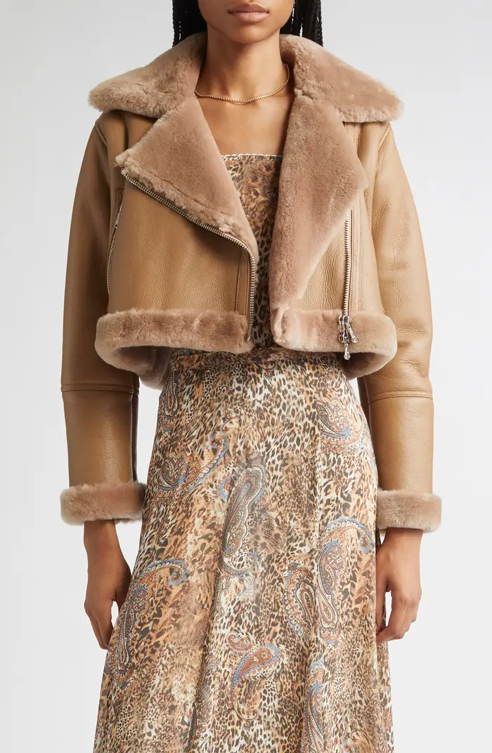 L'AGENCE Pike Leather & Genuine Shearling Crop Jacket | Nordstrom | Nordstrom