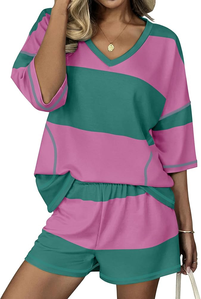 Ekouaer Two Piece Sets for Women Summer Lounge Sets 2026 Striped Shirts and Shorts Set Oversized ... | Amazon (US)