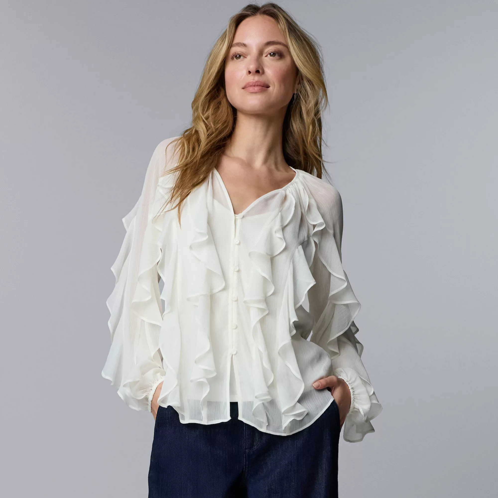 Women's Simply Vera Vera Wang Long Sleeve Ruffled Blouse | Kohl's