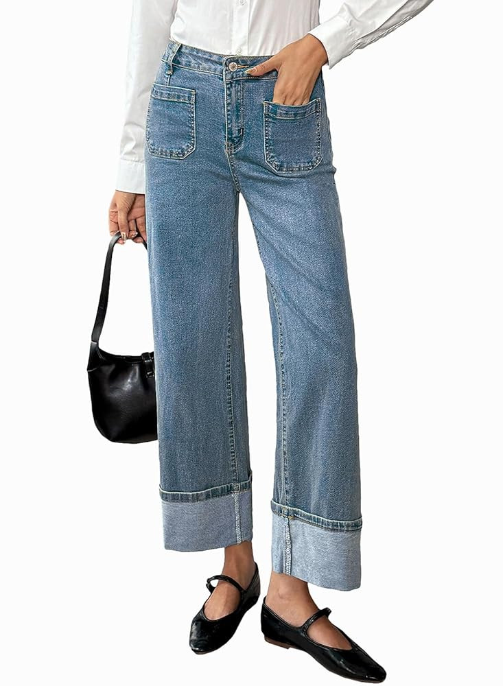 EVALESS Womens Jeans High Waisted Stretchy Cuffed Wide Leg Denim Pants with Pockets | Amazon (US)