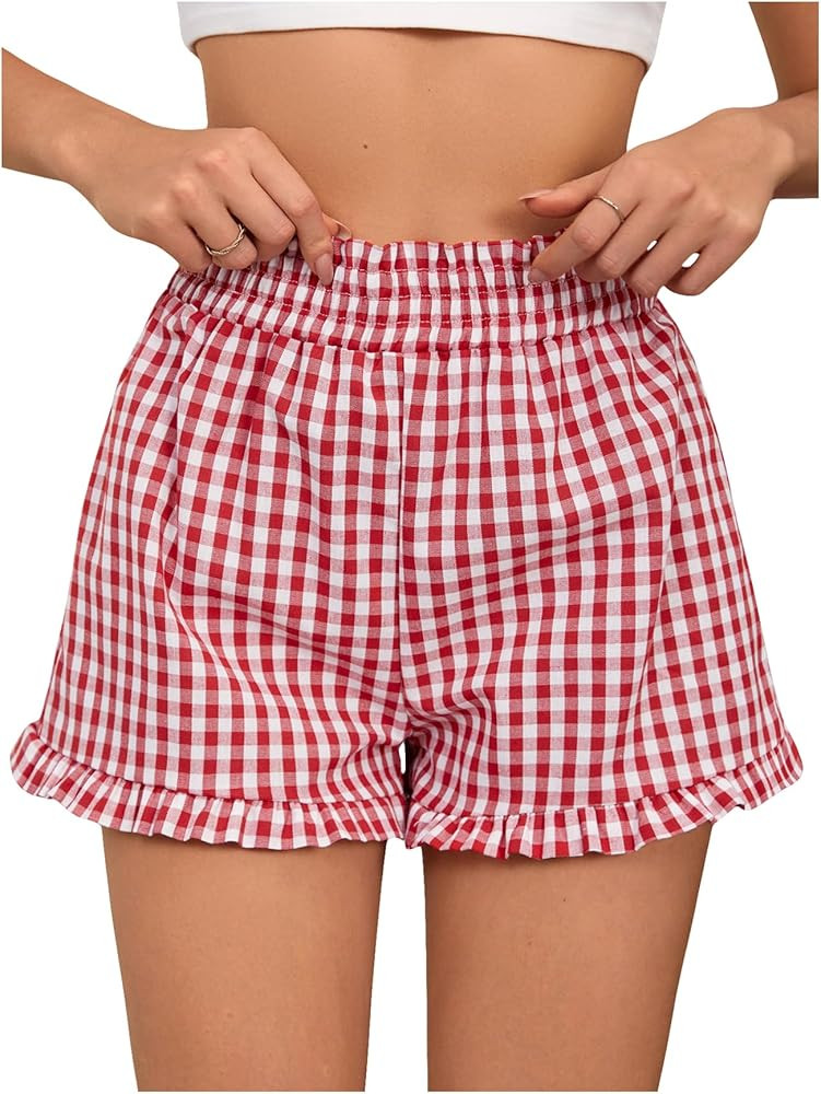 SweatyRocks Women's Summer Shorts Elastic Waist Wide Leg Ruffle Hem Plaid Shorts | Amazon (US)