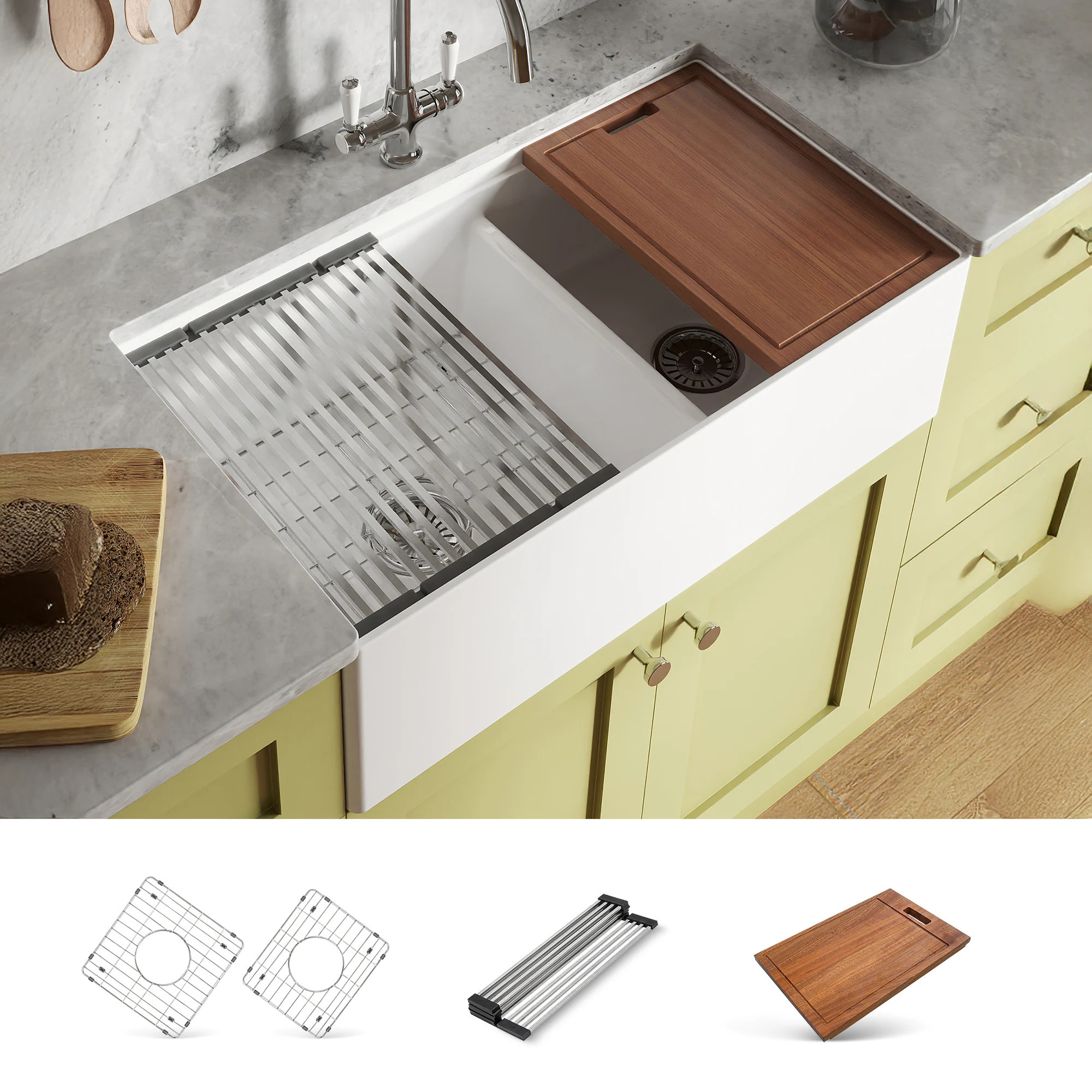 Ruvati Fiore Farmhouse apron front 33-in x 18-in Fireclay Single bowl Workstation Kitchen Sink Stainless Steel one_size in White | RVL2382WH | Lowe's