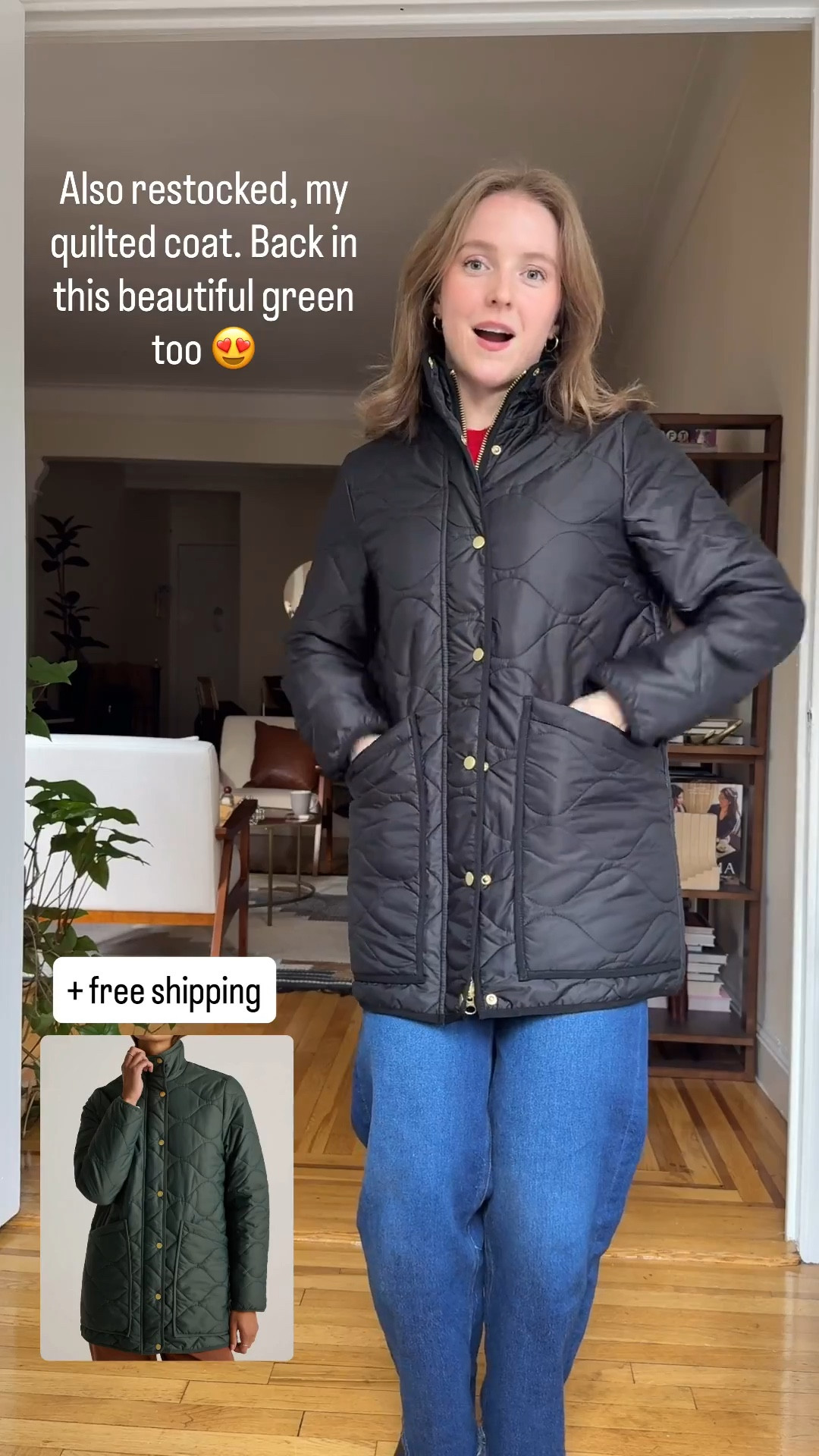 Onion quilted coat is back! Also back in this gorgeous green! Warm without being bulky. Wearing my true size. Size up to wear bulky sweaters underneath for shoulder room