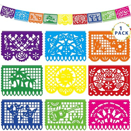 18 FT Cinco De Mayo Party Decorations, 1 Pack Fiesta Banner with 9 Plastic Papel Picado, Colorful Mexican Theme Party Flag Banner Dia De Los Muertos Day of the Dead Hanging Decor Home Party Supplies | Amazon (US)