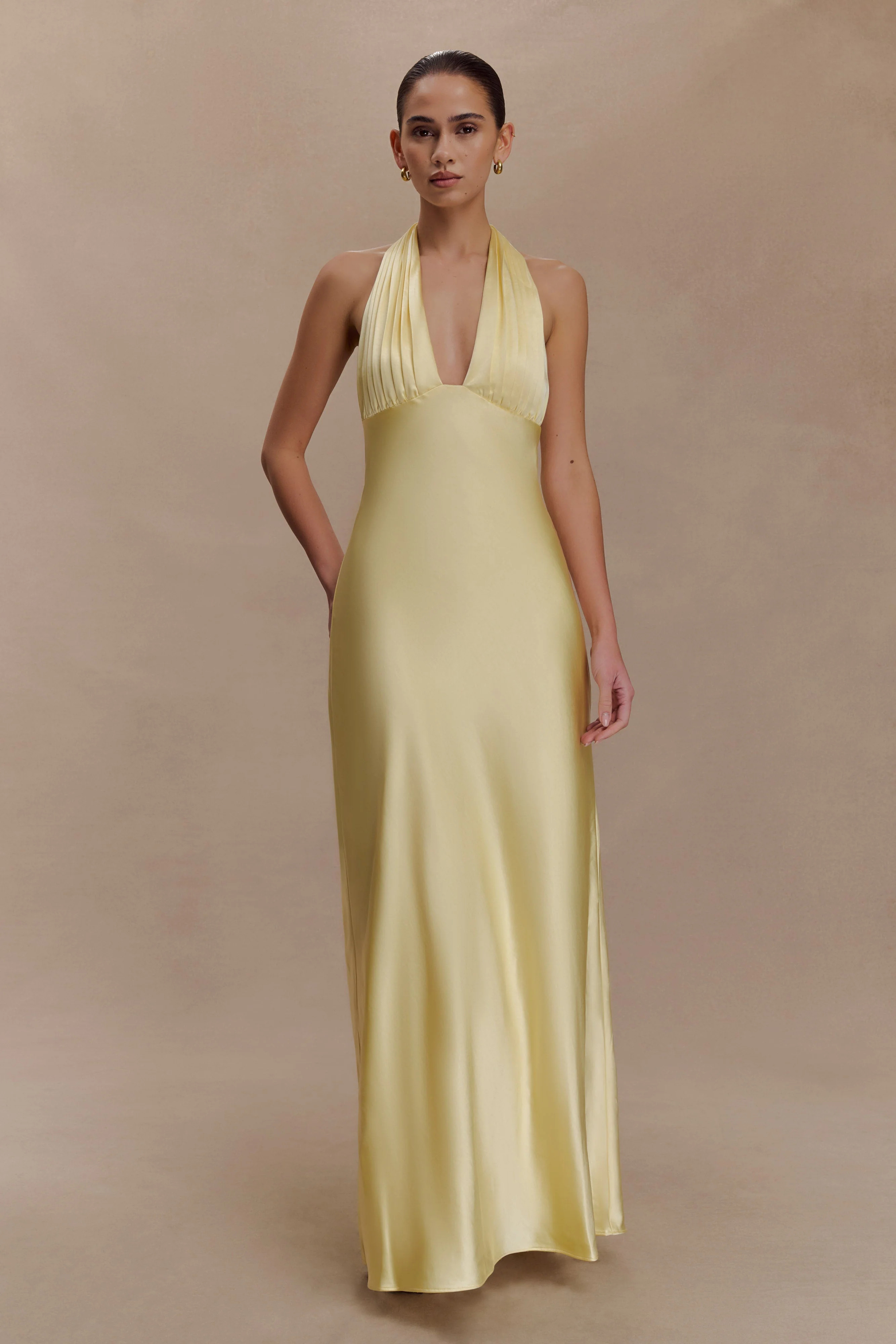 Alice Satin Halter Maxi Dress - Lemon | Meshki UK