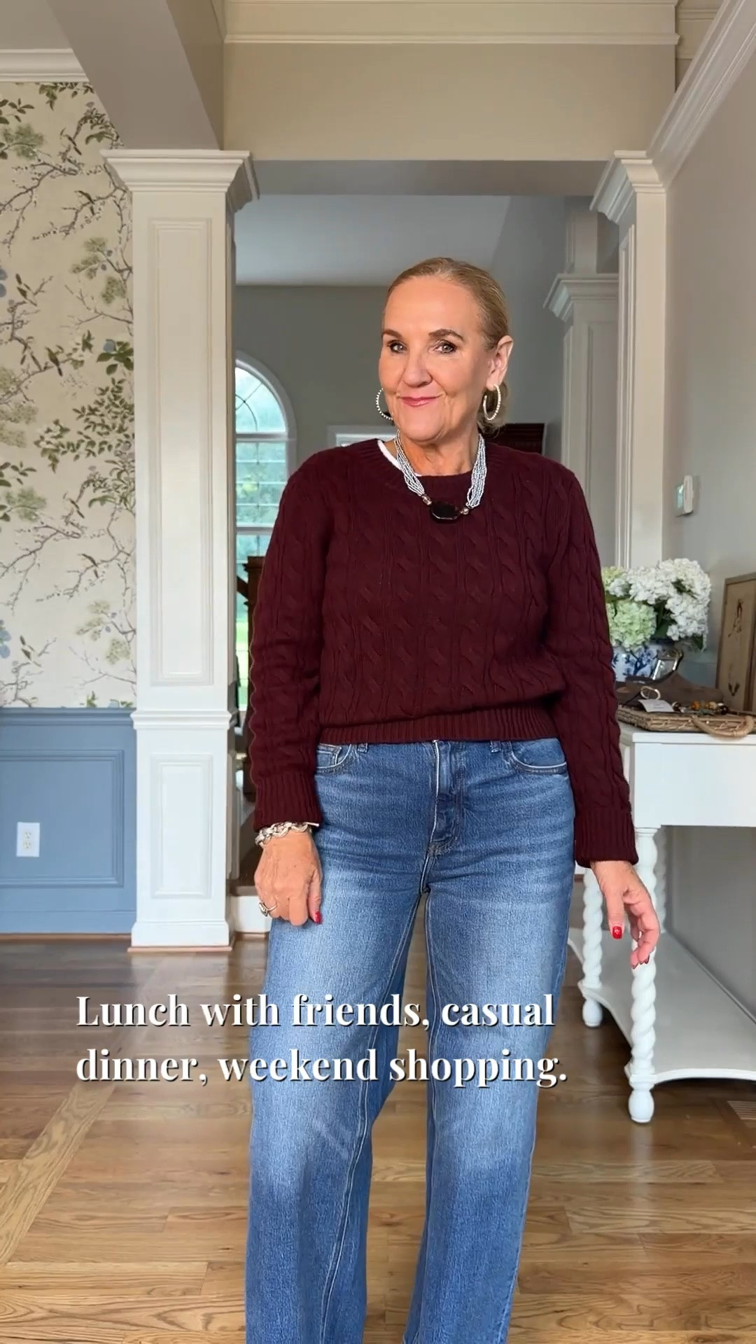 Oh, this cable knit is good. I’m wearing a large, and that rich burgundy with a simple pair of jeans feels just right for fall.