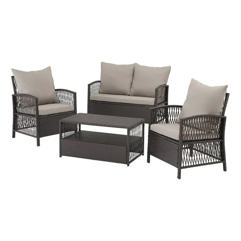 Mainstays Sanza 4-Piece Outdoor Rattan Wicker Conversation Set, Mocha/Beige | Walmart (US)