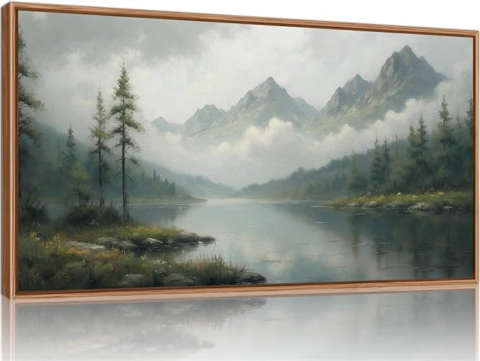 SIGNINART Large Green Forest Framed Canvas Wall Art, Misty Mountain Lake Wall Decor, Modern Foggy... | Amazon (US)