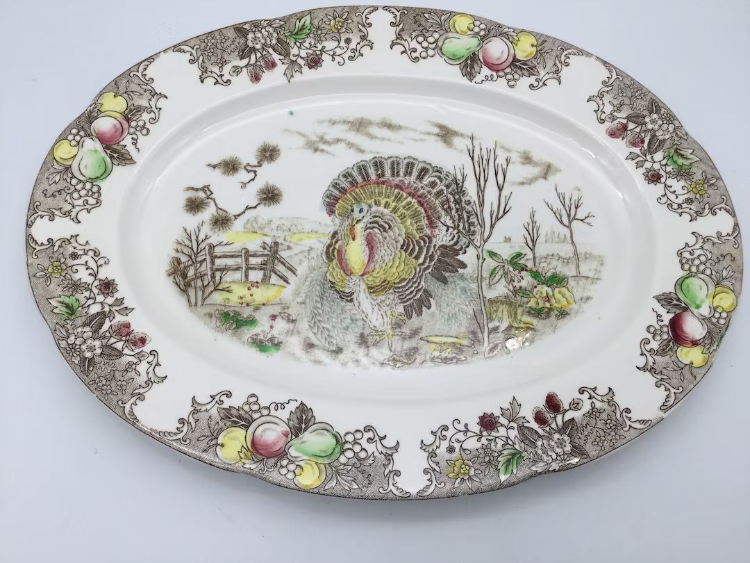 Vintage Multicolored Transferware Large Turkey Platter with Fruit and Floral Border | Etsy (US)