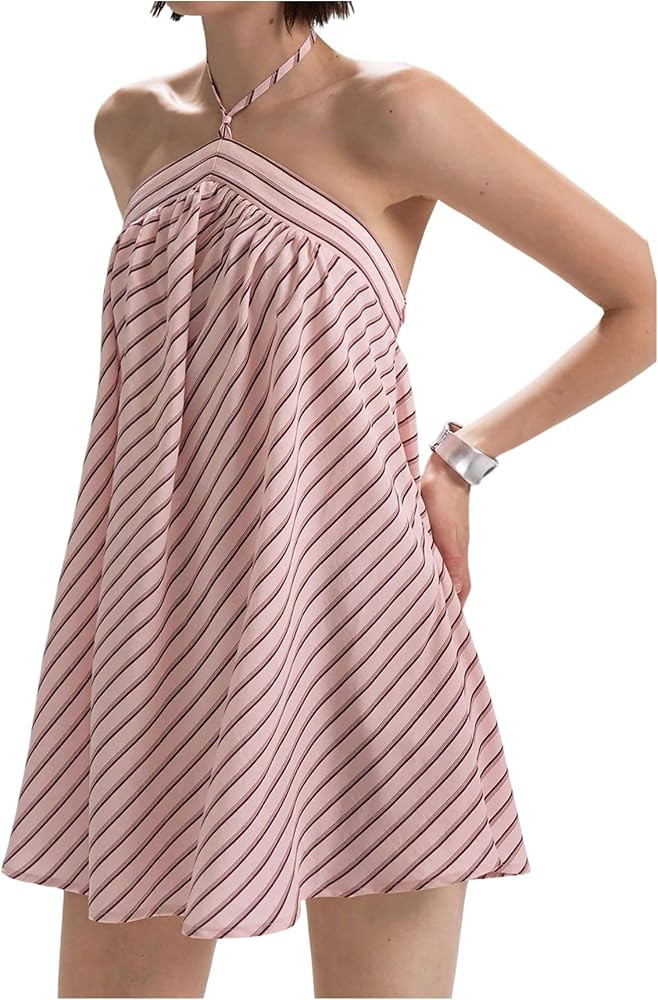 OYOANGLE Women's Striped Tie Backless Cami Halter Dress Sleeveless Flared A Line Short Going Out ... | Amazon (US)