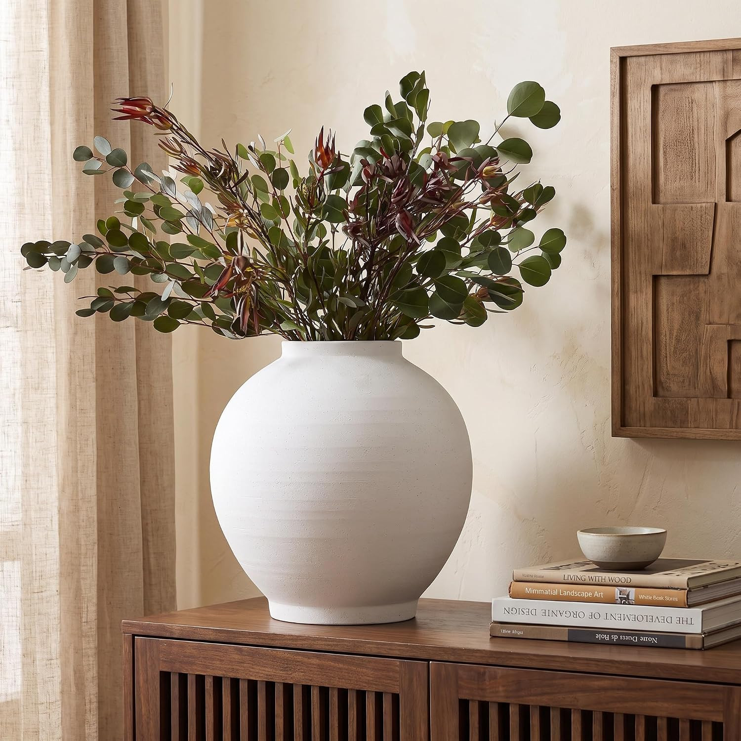 White Ceramic Vase, Large 12.5 Inch Tall Round Floor Vase for Centerpieces, Farmhouse Flower Vases, Rustic Minimalist Home Decor | Amazon (US)