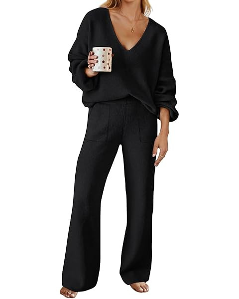Viottiset Women's 2 Piece Outfits Casual V Neck Knit Wide Leg Sweater Lounge Set Sweatsuit | Amazon (US)