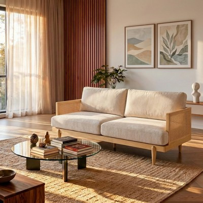 ModernLuxe Loveseat Upholstered Sofa Soft Padded Couch Lounge Sofa with Cane Rattan Arm, Natural+Beige | Target