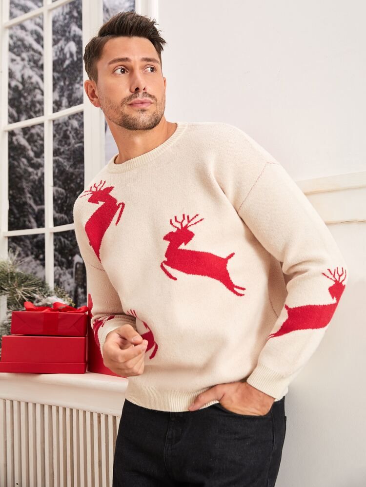 SHEIN Men Christmas Deer Pattern Drop Shoulder Sweater | SHEIN