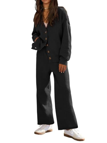 Fazortev Womens 2 Piece Outfits V Neck Cardigan Sweater Knit Sweater Lounge Sets Loungewear | Amazon (US)