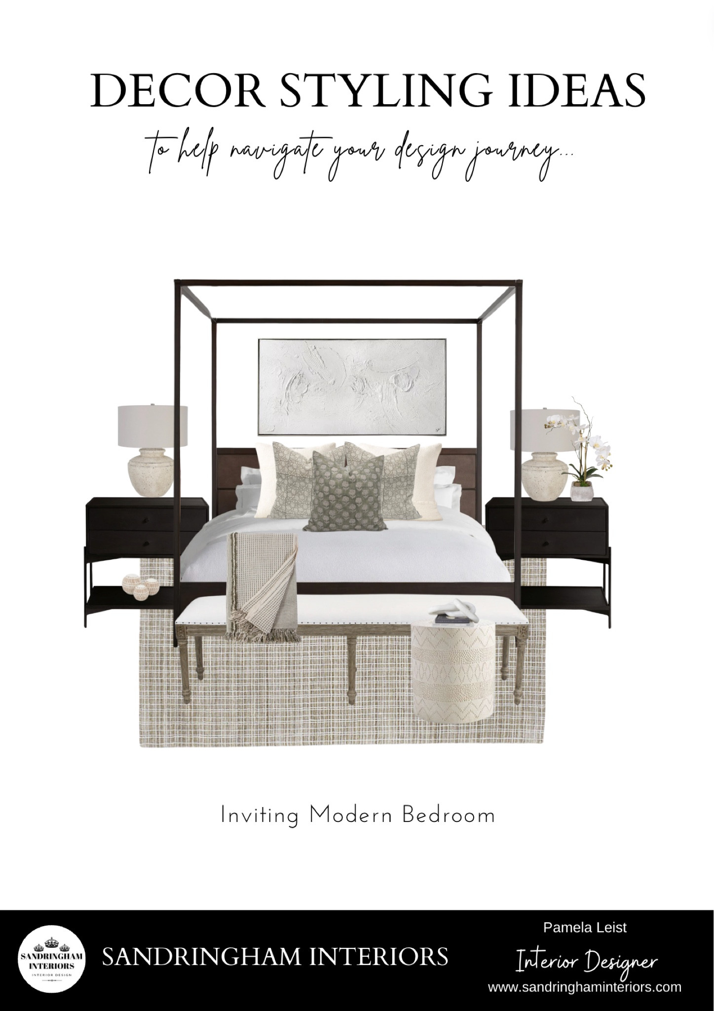 Inviting Modern Bedroom | Canopy Bed | Black Nightstand | Area Rug | Ceramic Table Lamp | Green patterned Pillows | Patterned Pillows | Textured Abstract Art | Orchid Arrangement | Side Table | Throws 

#LTKstyletip #LTKhome