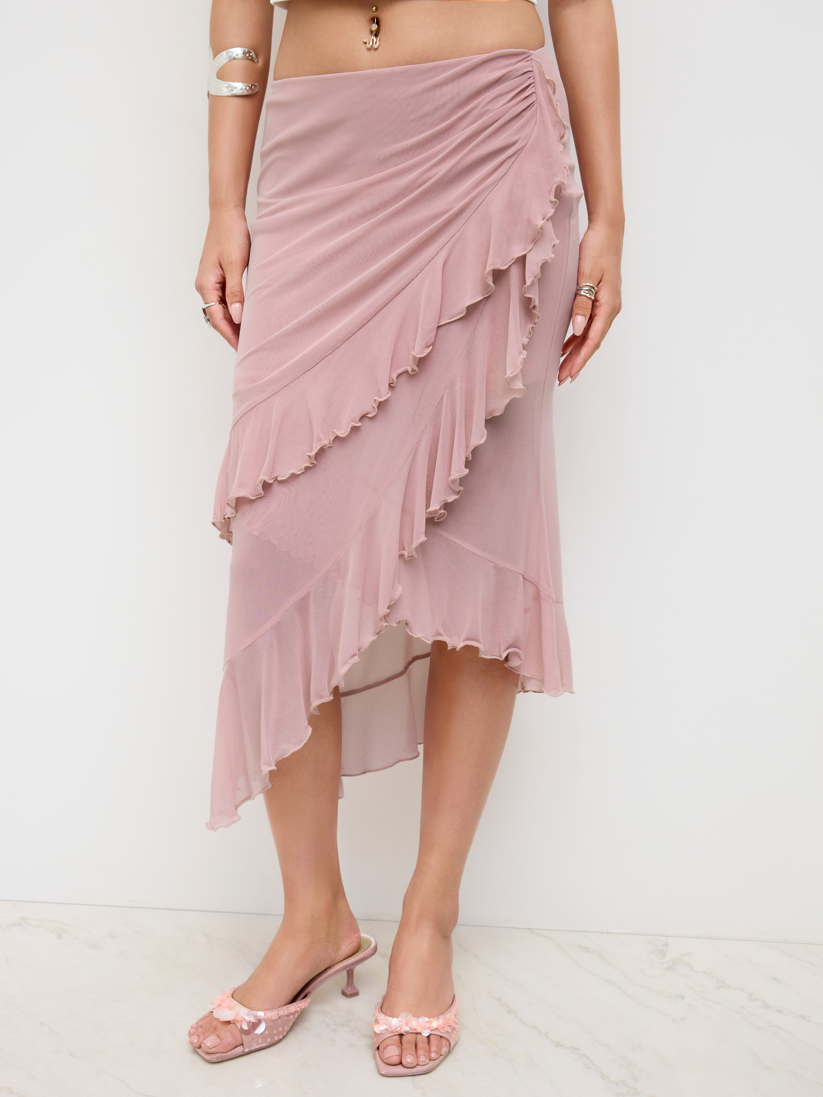 Mesh Mesh Mid Rise Ruffle Asymmetrical Hem Midi Skirt For Daily Casual Vacation | Cider