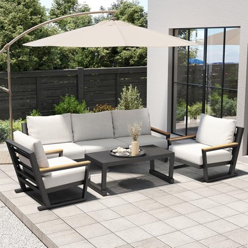 Aluminum Outdoor Sofa,4 Seats Modern Patio Furniture Set,Sectional Sofa Conversation Set with Cof... | Amazon (US)