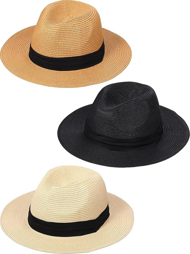 3 Pieces Women's Wide Brim Hat Summer Fedora Straw Sun Hat Panama Beach Hat Cap Women Wide Brim S... | Amazon (US)