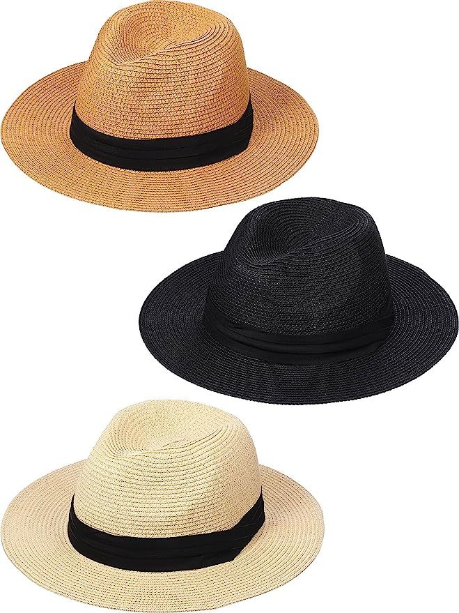 3 Pieces Women's Wide Brim Hat Summer Fedora Straw Sun Hat Panama Beach Hat Cap Women Wide Brim S... | Amazon (US)