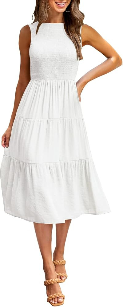 KYL Women's Summer Casual Midi Dress Boho Sleeveless Smocked Flowy A-Line Beach Party Dress | Amazon (US)
