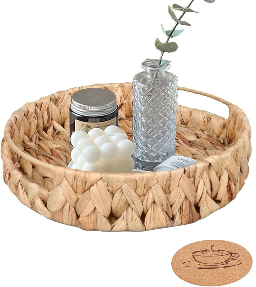 1 Pack Large Woven Round Fruit Tray, 11x11x2.3 Inch Water Hyacinth Woven for Vegetable, Bread, Fr... | Amazon (US)