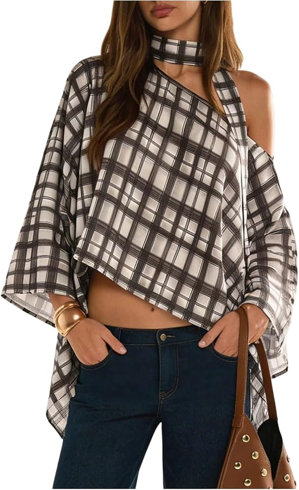 Verdusa Women's Plaid Asymmetrical Tops Y2K Oversized Off Shoulder Poncho Top with Scarf | Amazon (US)