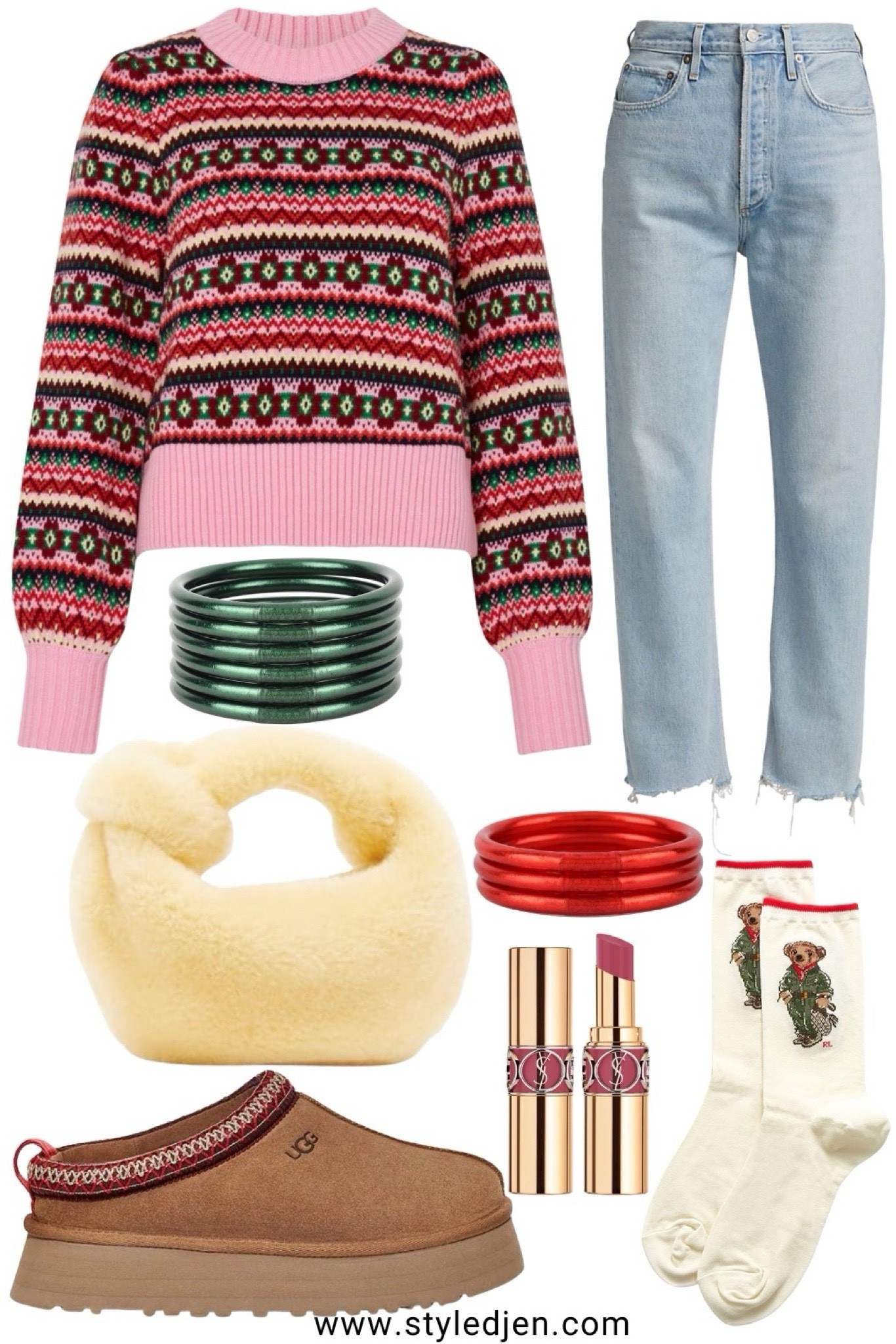Cozy fall holiday outfit - agolde straight leg jeans (my current faves), fair isle sweater, bottega veneta lookalike, Budhagirl bangles, Ugg tazz, polo Ralph Lauren bear socks



#LTKSeasonal #LTKStyleTip #LTKFindsUnder100
